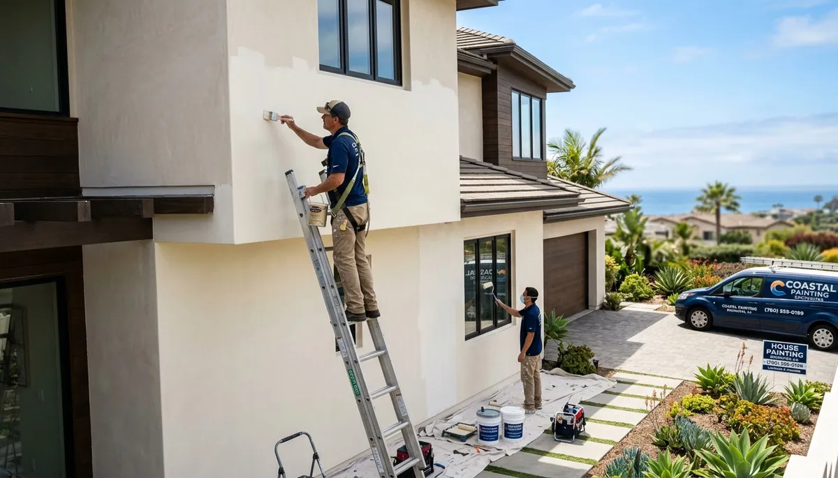 Professional house painters working on coastal home exterior in La Jolla, CA