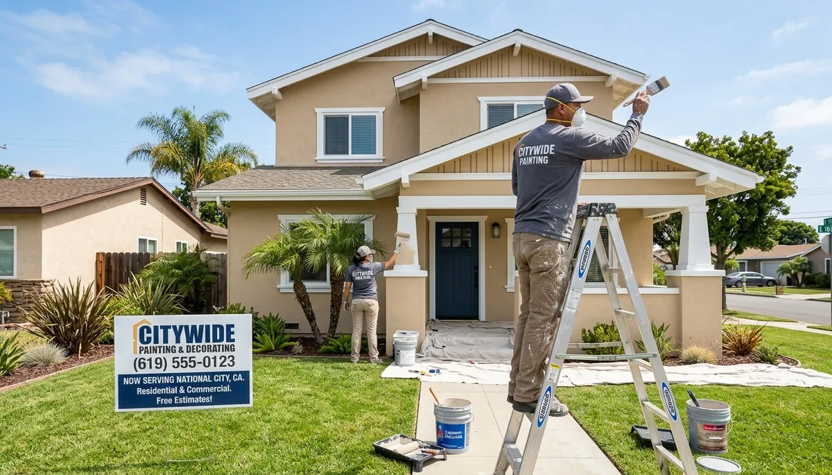 Professional house painters working on coastal home exterior in La Jolla, CA