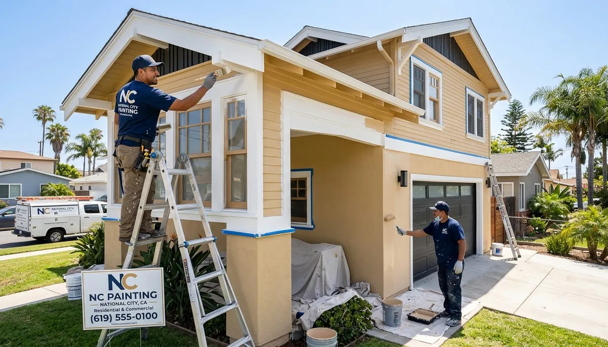 Professional house painters finishing coastal home exterior in La Jolla, CA