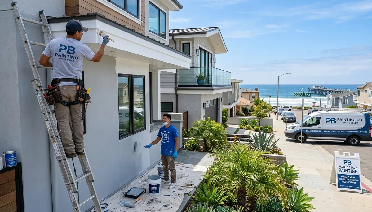 Professional house painters working on exterior home in La Jolla, CA