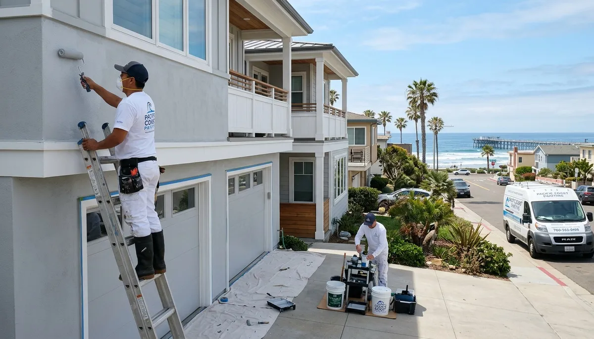 Professional house painters finishing coastal home exterior in La Jolla, CA