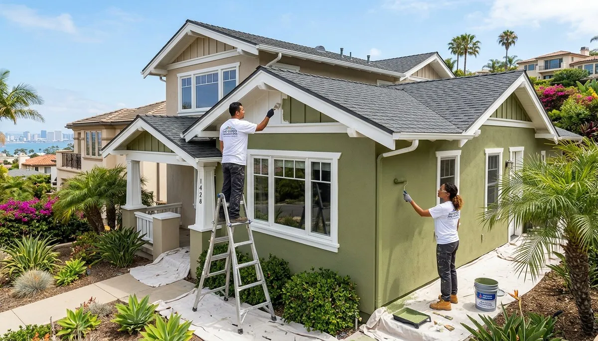 Professional house painting contractors working on a coastal home in La Jolla, CA