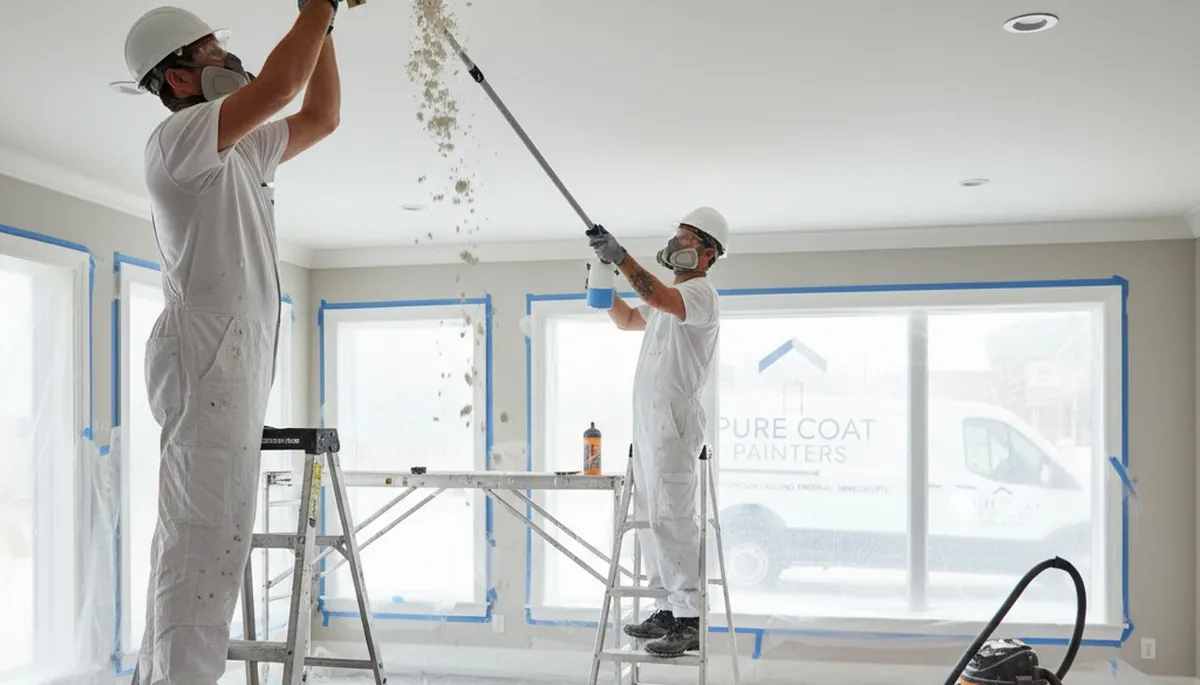 Technicians removing popcorn ceiling in La Jolla CA home with professional dust control and smooth finish